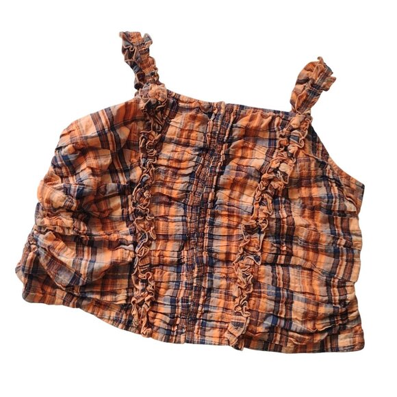 Anthropologie Verb Ruffled Plaid Top 2X Orange Navy Smocked Cotton Blouse - Picture 12 of 12